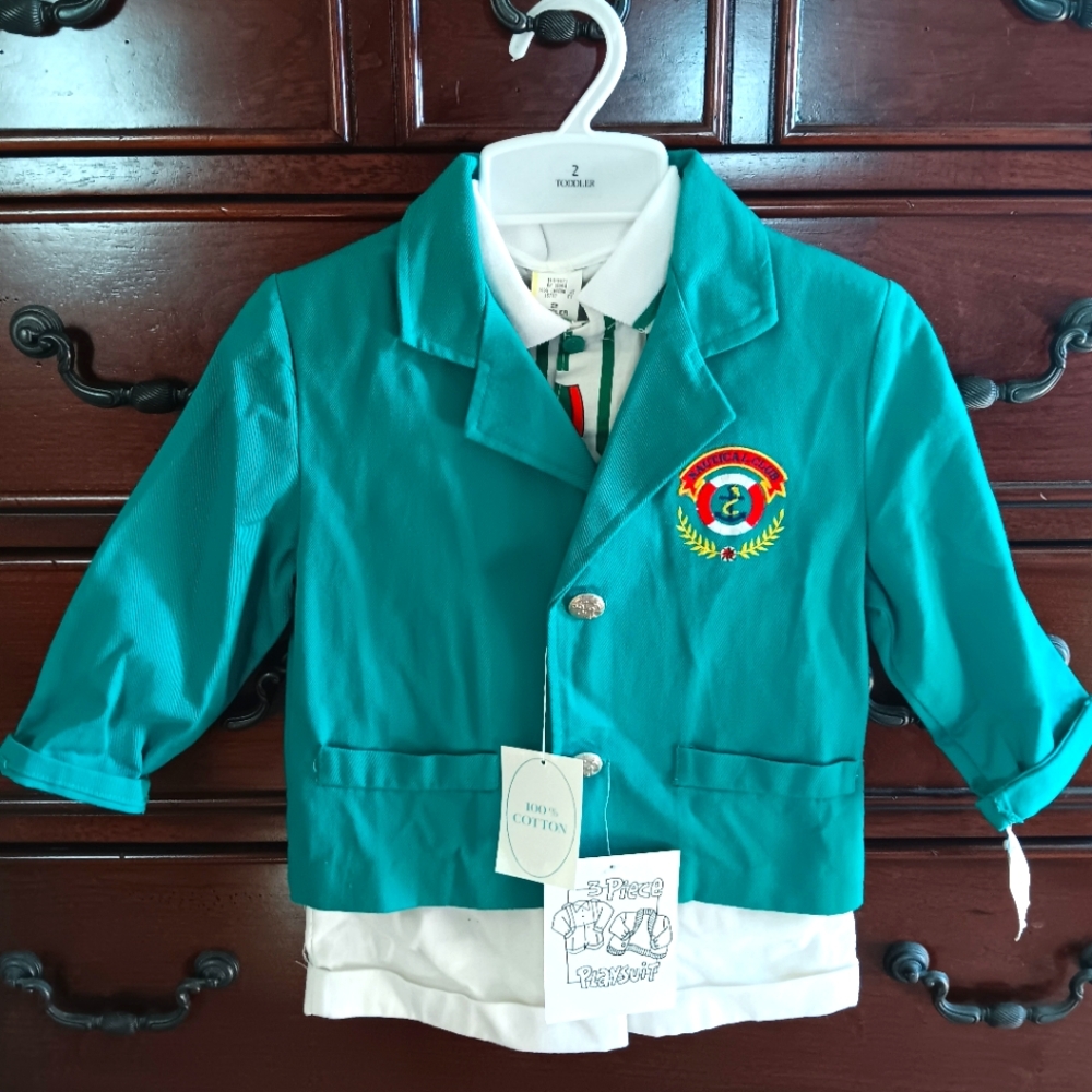 NWT Vintage Kids 80's Three Piece Nautical Club Playsuit..Jacket,Polo,Shorts. 2T